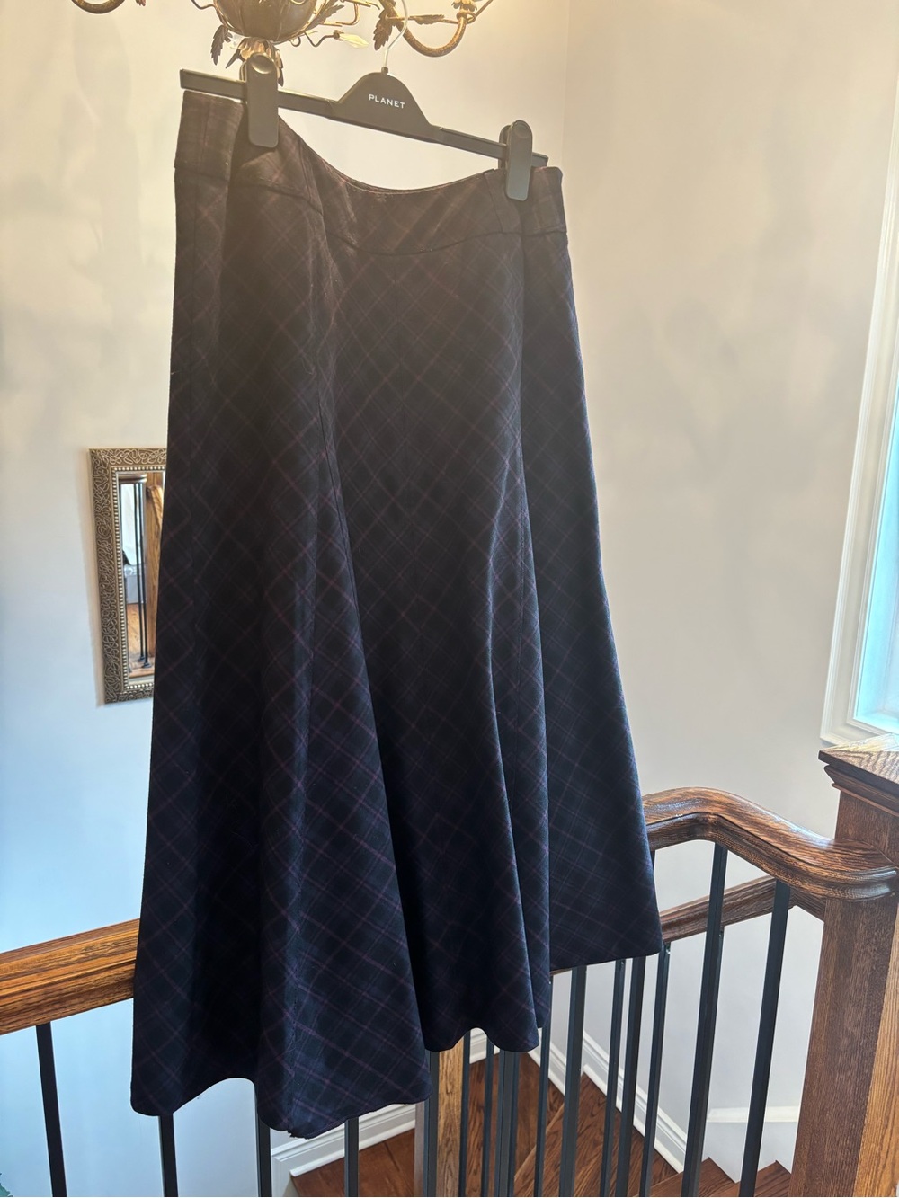 Classic Plaid A-Line Skirt in Navy and pink, side zipper, skinny belt loop